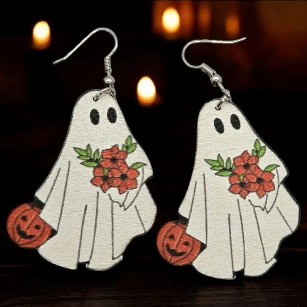 Ghost Earrings Flowers Pumpkin Jack O Lantern Wooden Halloween Cute Spooky Fun - Picture 2 of 5